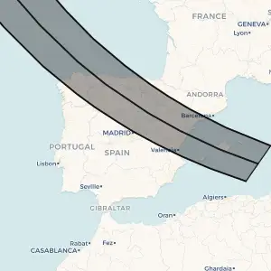 Mapa visual de la umbra del eclipse 2026